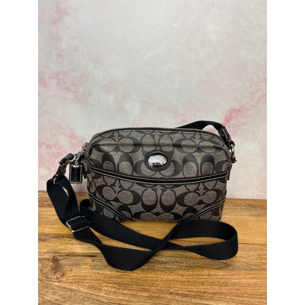 Coach Camera Bag Black Grey Monograph Crossbody Pink Lining